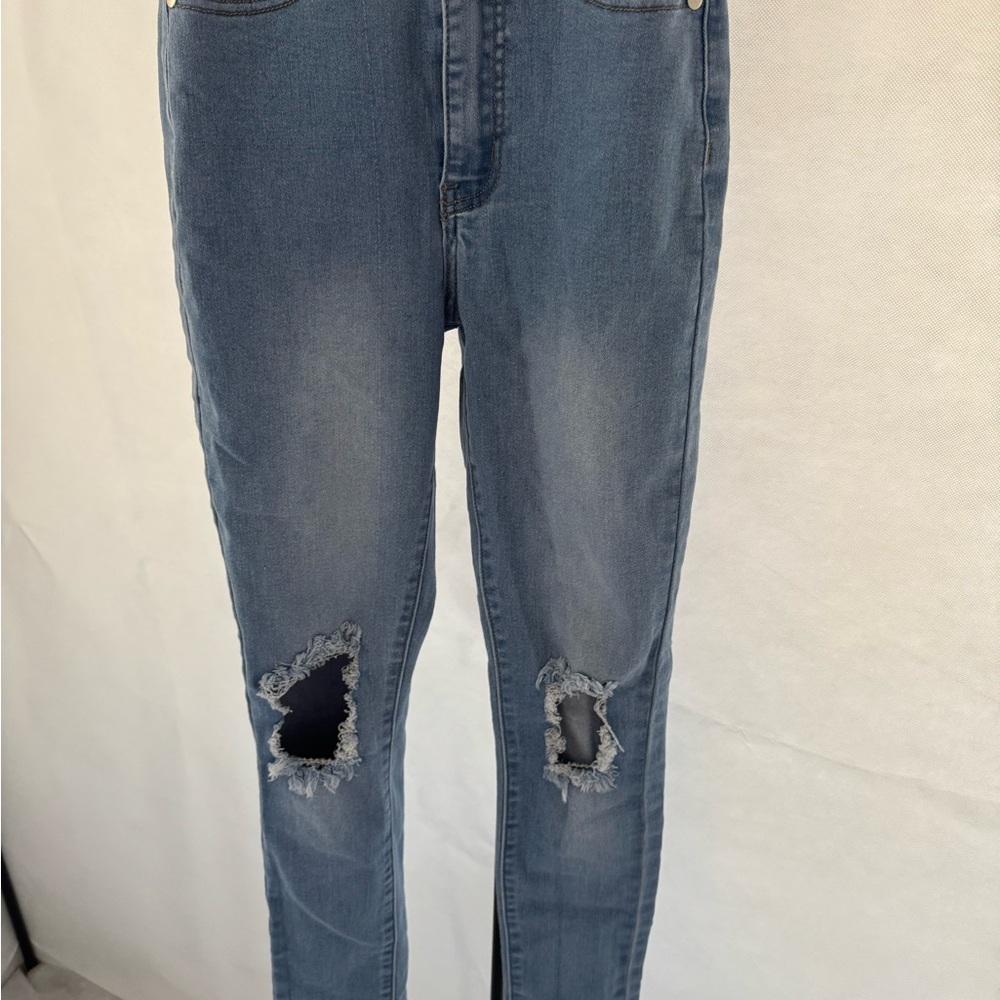 Fashion Nova Women's Distressed Light Blue Skinny Jeans